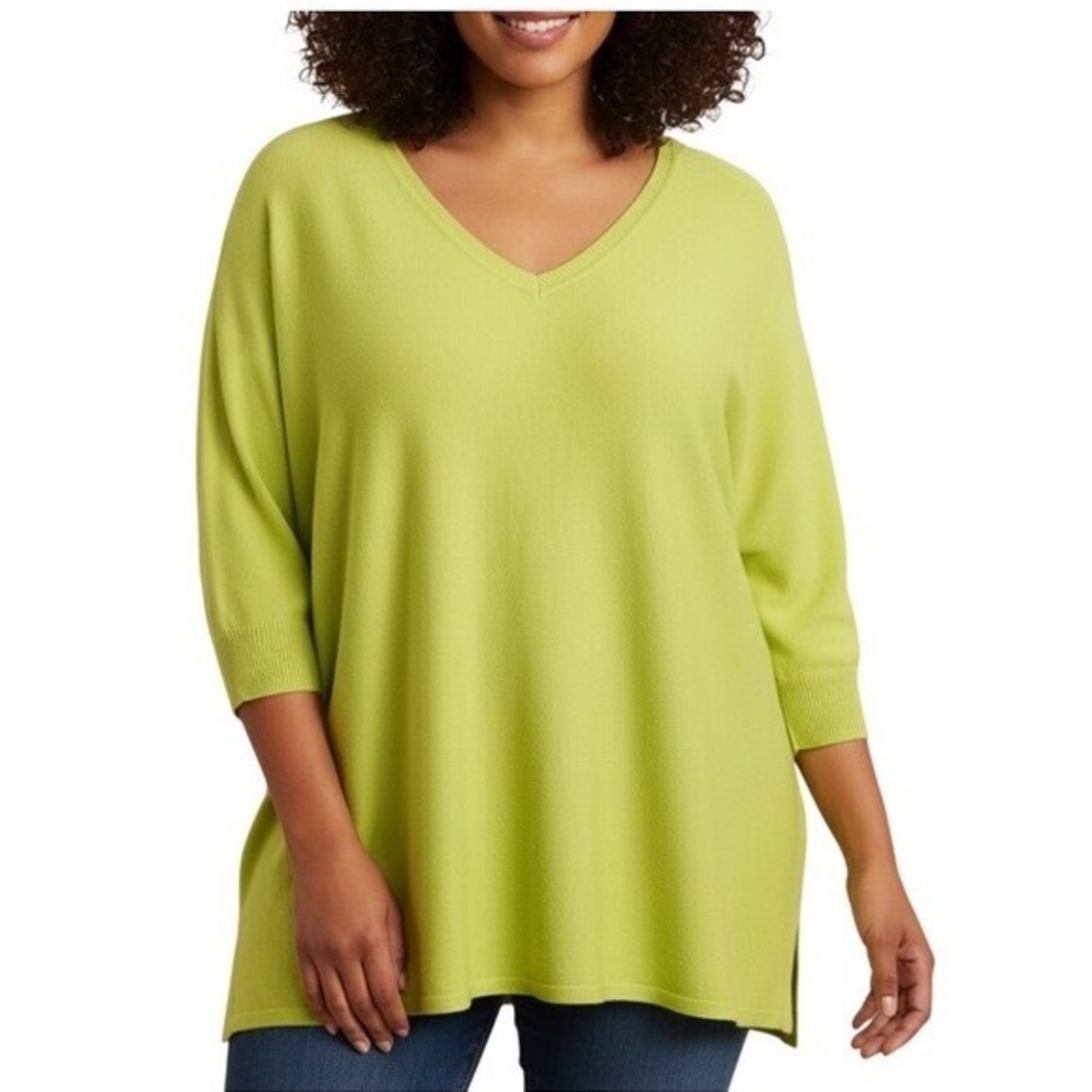FIRST LOVE By Lovelyn PEA GREEN Ribbed Trim SHORT SLEEVE Knit Sweater Sz 3X